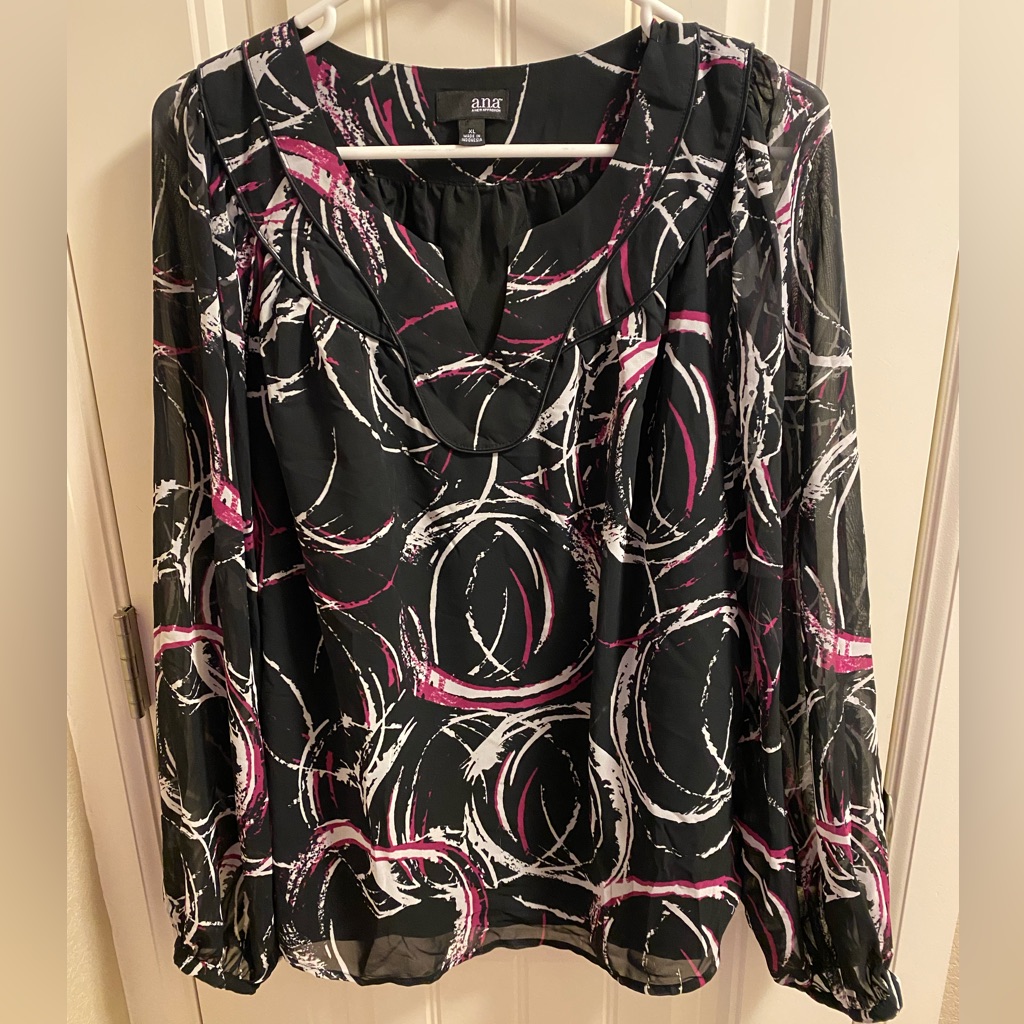 Ana A New Approach Xl Top Long Sleeve Blouse Sheer Arm Black Lined